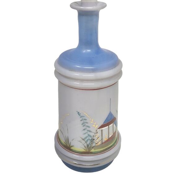 Vintage Hand Blown Bottle Hand Painted Blue & Gold Art Glass with Stopper - Picture 6 of 12